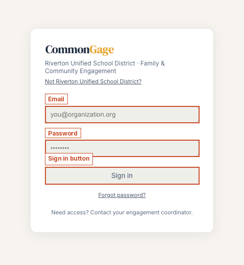 Email and password screen